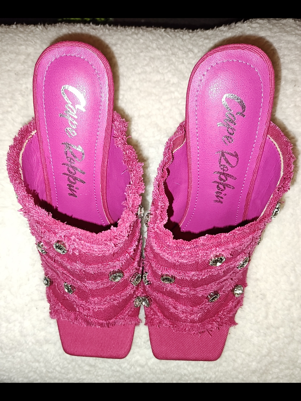 Fuchsia Rhinestone Frayed Strap Heeled Mules - Picture 3 of 4